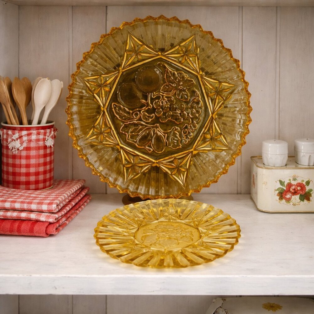 Vintage 1950s Federal Glass Fruit Harvest Serving Platters | Two pc: 12", 8.5"
